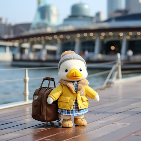 Cute duck with travel bag on the background of the cityの素材