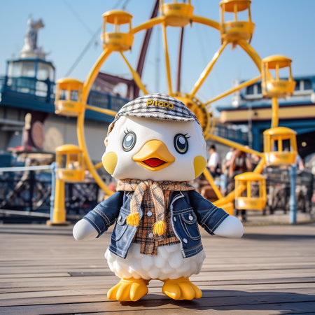 Cute little penguin standing on the pier in the amusement parkの素材