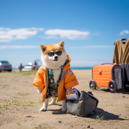 Cute shiba inu dog on the beach with suitcasesの素材