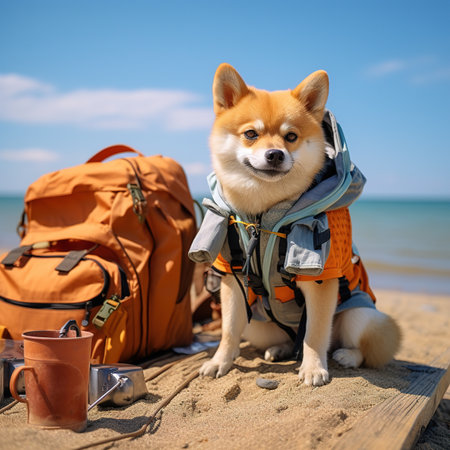 Portrait of shiba inu dog with backpack on beach.の素材