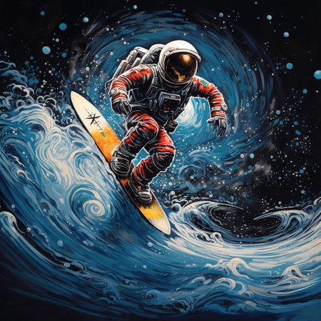 Astronaut in space suit surfing on the waves. Extreme sport.の素材