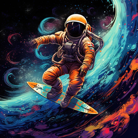 Astronaut in space with surfboard. Cosmic background.の素材