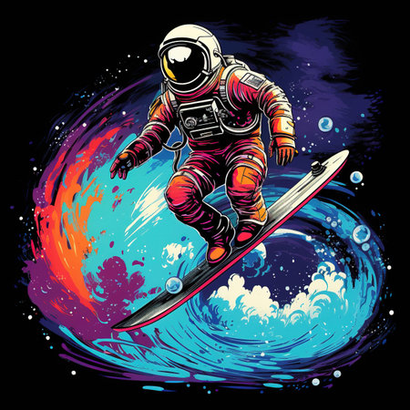 Astronaut in space suit with surfboard.の素材