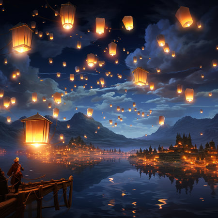 Lanterns floating in the sky at night,3d renderingの素材