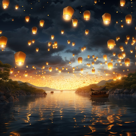 Floating lanterns in the sky with sea and boat at nightの素材