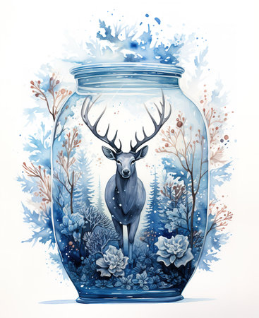 Watercolor illustration of a glass jar with a deer in the forest.の素材