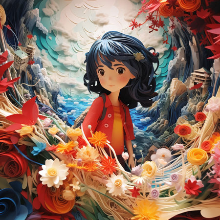 Fantasy landscape with a girl in a red coat among the flowersの素材