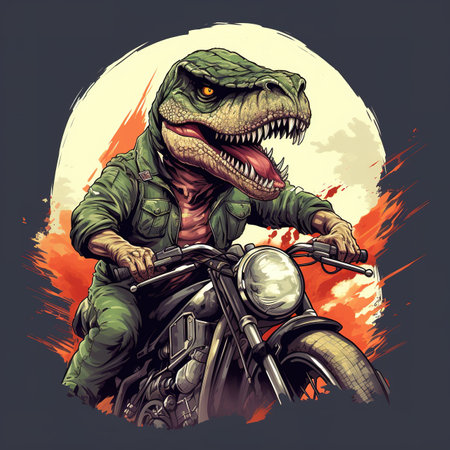 Dinosaur rider on a motorcycle. illustration in grunge style.の素材