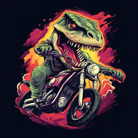 Tyrannosaurus rex rides a motorcycle.  illustration.の素材