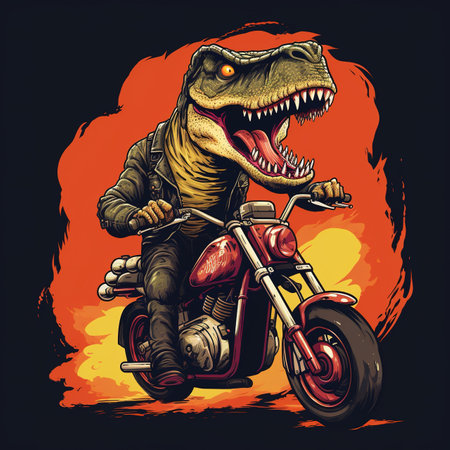 Tyrannosaurus Rex rides a motorcycle on a fiery background.の素材