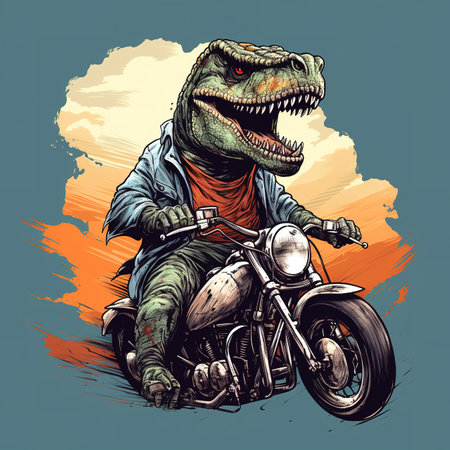 Tyrannosaurus rex rides on a motorcycle. T-shirt graphics.の素材