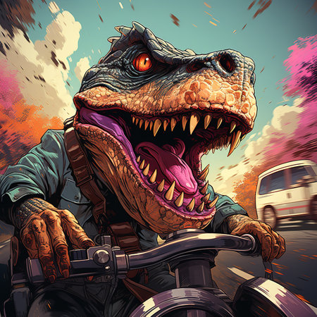 Tyrannosaurus Rex dinosaur rides on a motorcycle, illustrationの素材