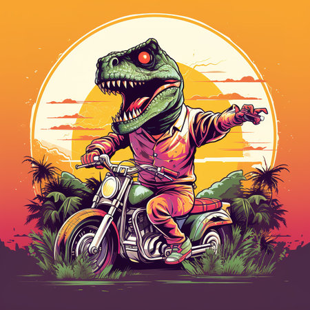 Tyrannosaurus rex rides a motorcycle.  illustration.の素材