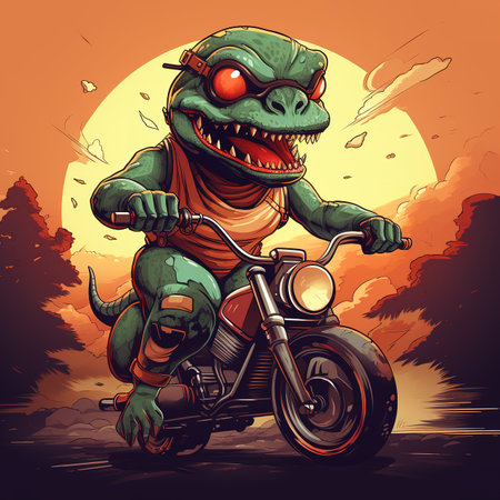 Cartoon monster rides a motorcycle on the road.  illustration.の素材
