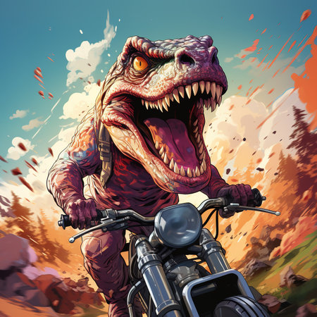 Dinosaur riding a motorcycle in the wild. 3d illustration.の素材