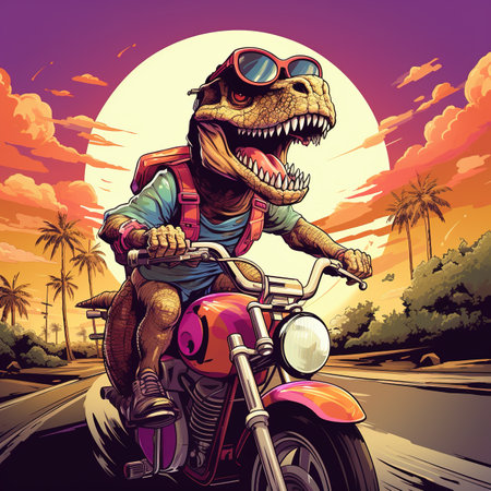 Tyrannosaurus rex rides on a motorcycle.  illustrationの素材