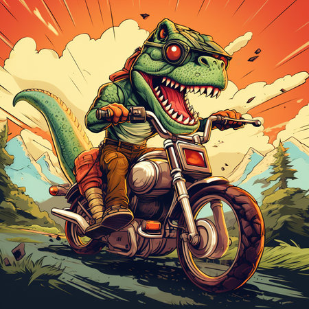 Vintage motorcycle illustration. Comic book style image of a dinosaur rider.の素材