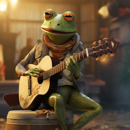 Frog musician playing acoustic guitar on the street. 3d renderingの素材