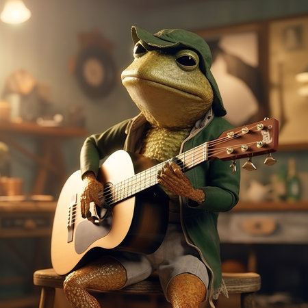 Frog musician playing acoustic guitar in cafe. Musical instrument concept.の素材