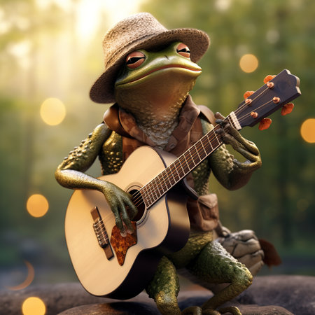Frog playing guitar in the forest. 3d rendering illustration.の素材