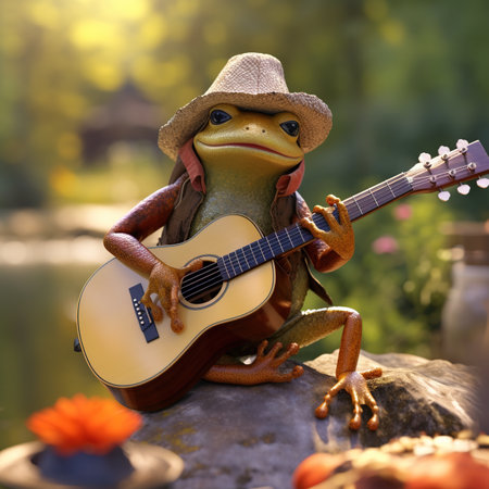 Frog in hat with acoustic guitar on nature background. Summer vacation concept.の素材