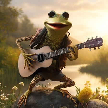 Frog playing guitar in the nature. 3d render illustration.の素材