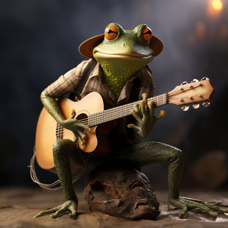 Frog playing guitar on a wooden background. A frog in a hat plays the guitar.の素材