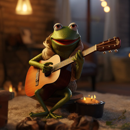 Frog playing acoustic guitar and singing in the room at night.の素材
