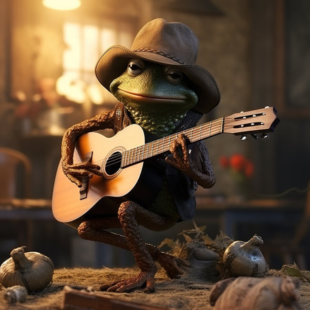 Frog in hat playing guitar in the room. 3d renderingの素材