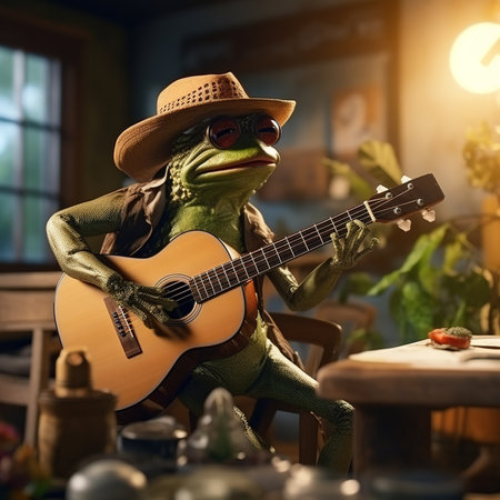 Frog playing guitar in the room. Funny frog in a hat.の素材