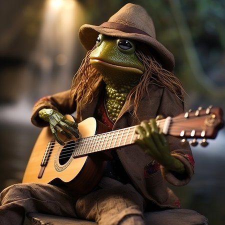 Frog in a hat and suit playing guitar. 3d rendering.の素材