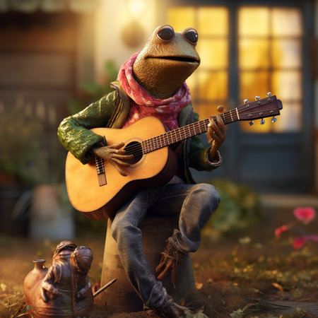 Frog musician with acoustic guitar in the garden. 3d renderingの素材