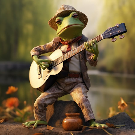 Frog playing guitar and singing in the park. 3d renderingの素材