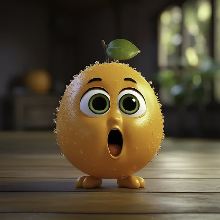 Funny orange with water drops on the face. 3d renderingの素材