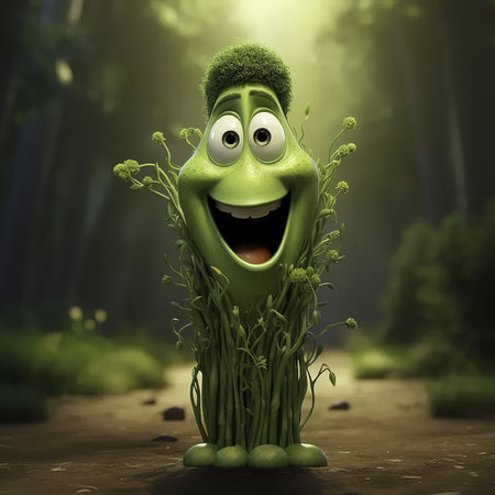Funny green monster in the forest. 3d render illustration.の素材