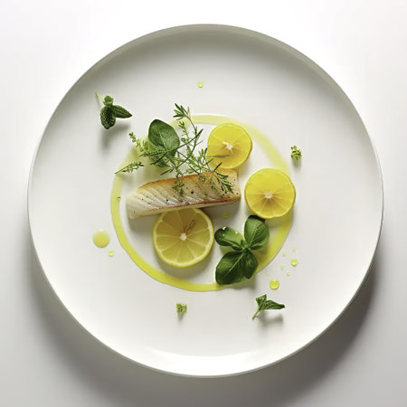 Grilled fish with lemon and herbs on white plate, top viewの素材
