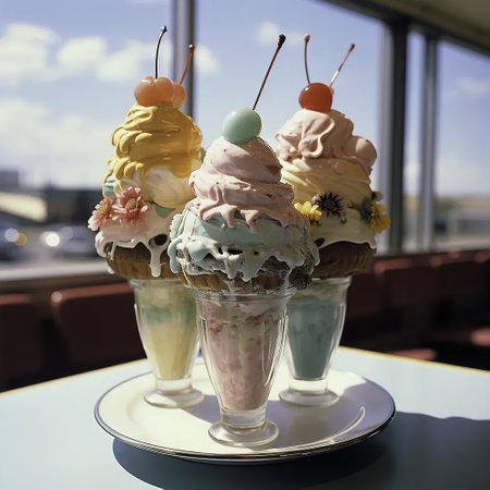 Ice cream sundae in a glass on a table in a cafeの素材