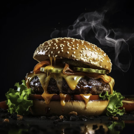 Cheese burger - American cheese burger with fresh salad on black backgroundの素材