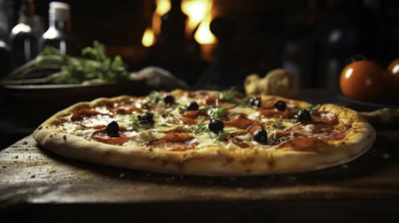 Pizza with salami, mozzarella and olives on a wooden tableの素材