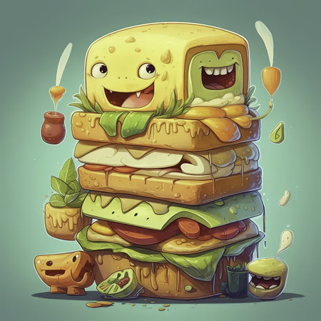 illustration of a funny cartoon cheeseburger with cheese and vegetablesの素材