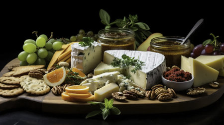 Cheese platter with assorted cheeses, grapes, nuts and honeyの素材