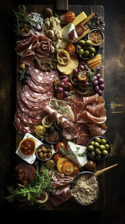 Antipasto platter with salami, ham, cheese, olives and picklesの素材