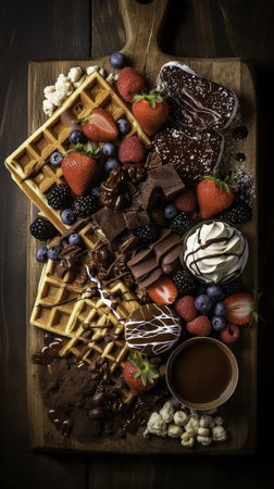 Belgian waffles with fresh berries and chocolate on a wooden backgroundの素材