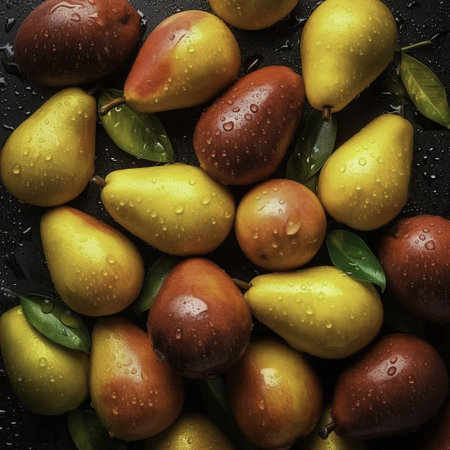 Yellow and red pears with water drops on a black background.の素材