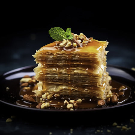 Honey cake with nuts on a black background. Selective focus.の素材