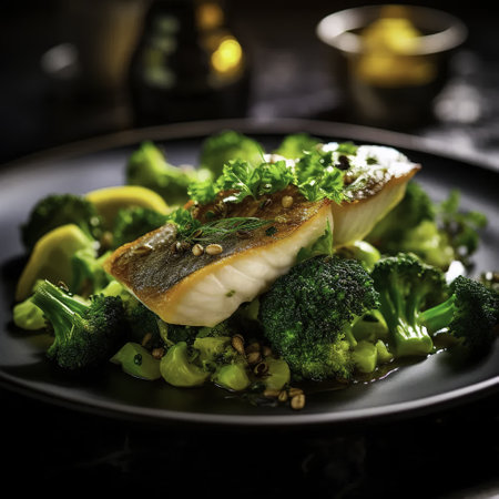 Grilled fish fillet with broccoli and lemon on a black plateの素材