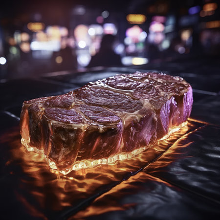 Raw beef steak in ice cube on black background. Toned.の素材