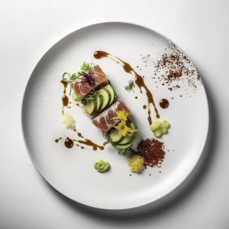 Tuna sashimi with avocado and sauce on a white plateの素材
