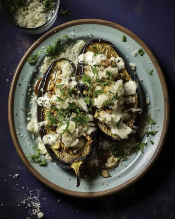 Baked eggplants with feta cheese and parsley, top viewの素材
