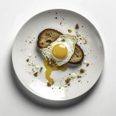 Fried egg on toast with crumbs of bread on white plateの素材